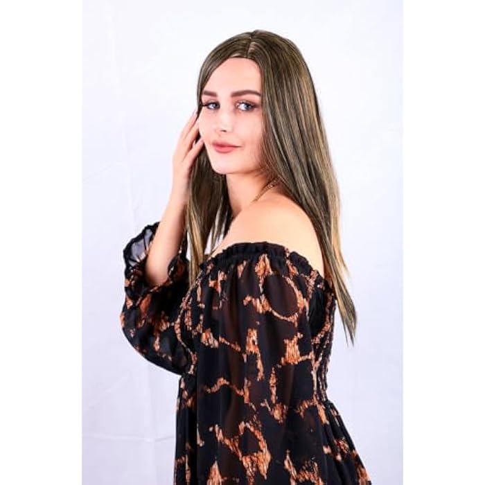 DILLARDS Long Straight Brown Highlighted Synthetic Wig, Off-Shoulder Style Display - Image 2